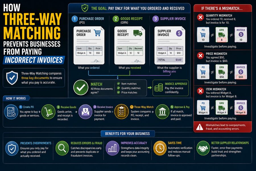 🧾 How Three-Way Matching Prevents Businesses From Paying Incorrect Invoices